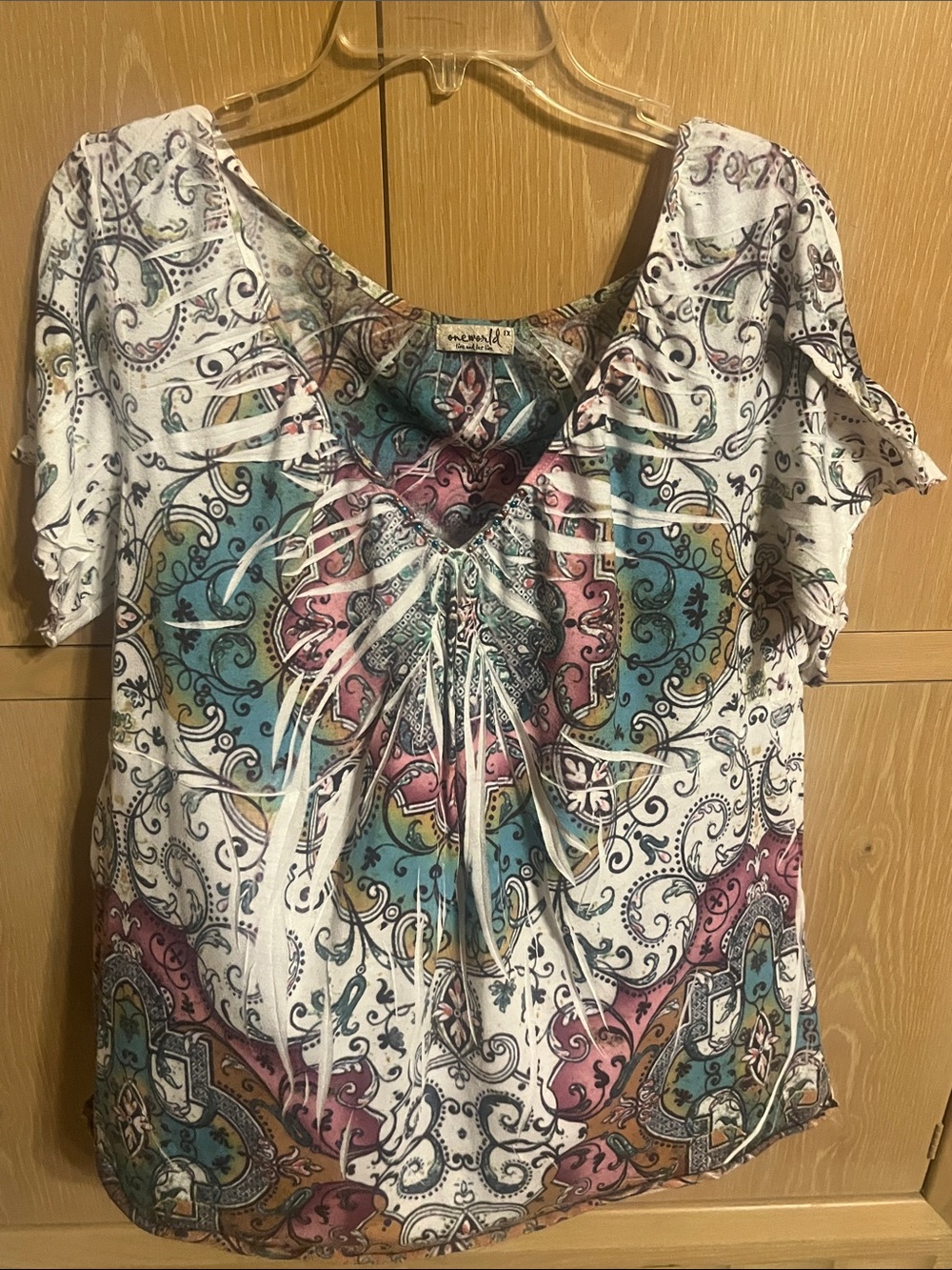 One World Teal & Pink Paisley V-Neck Women's Top